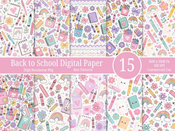 Cute Back to School Digital Paper Bundle: Kawaii Patterns for Modern Design