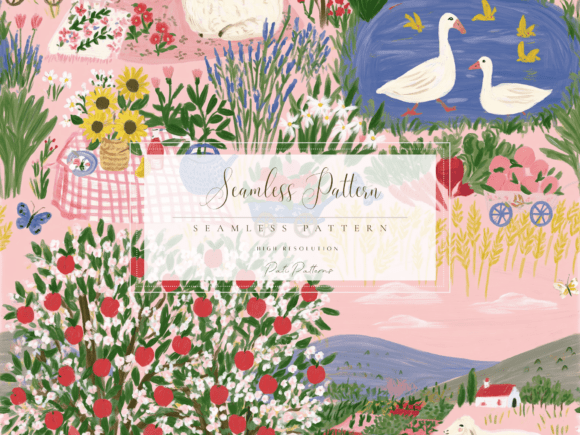 Farm Garden Seamless Pattern with Sheep and Ducks: A Whimsical Design Asset