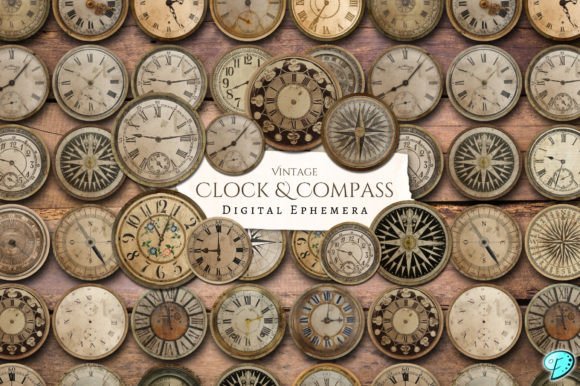 Unlock Vintage Charm with Clock and Compass Digital Ephemera