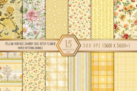 Yellow Vintage Shabby Chic Ditsy Flower Digital Paper